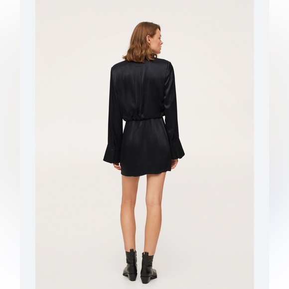 MANGO Black Satin Button Down Shirt Dress Flared Sleeves - Picture 2 of 8